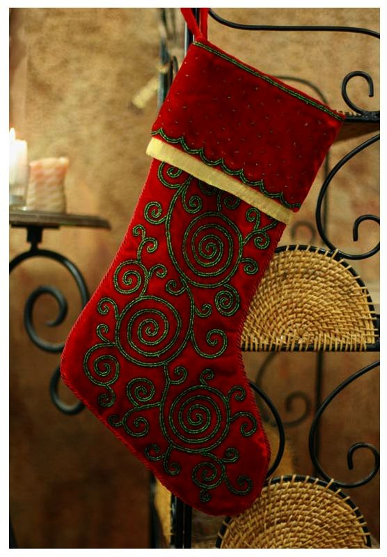 Red Velvet Hand Embroidered Christmas Stocking